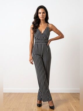 Black and White Striped V-Neck Jumpsuit